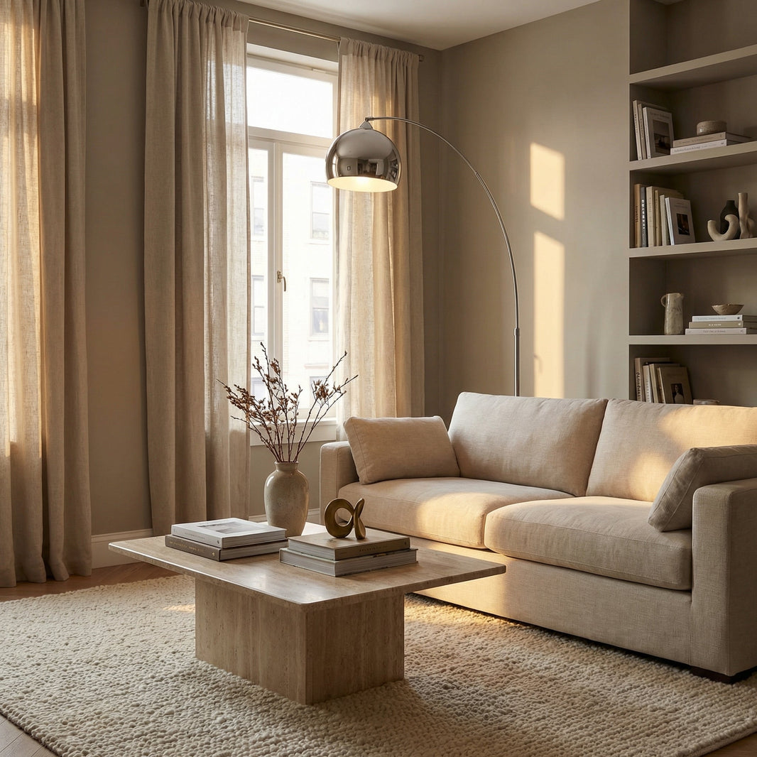 Salon sans plafonnier éclairé par un lampadaire arc chromé dont l'abat-jour s'avance au-dessus du canapé en lin