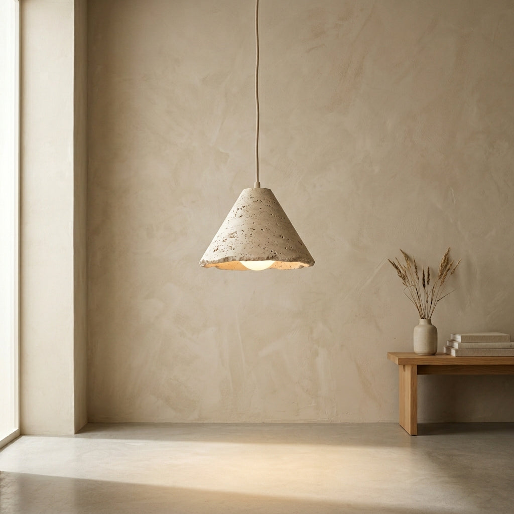 Suspension en pierre naturelle diffusant une lumière chaude dans un intérieur épuré