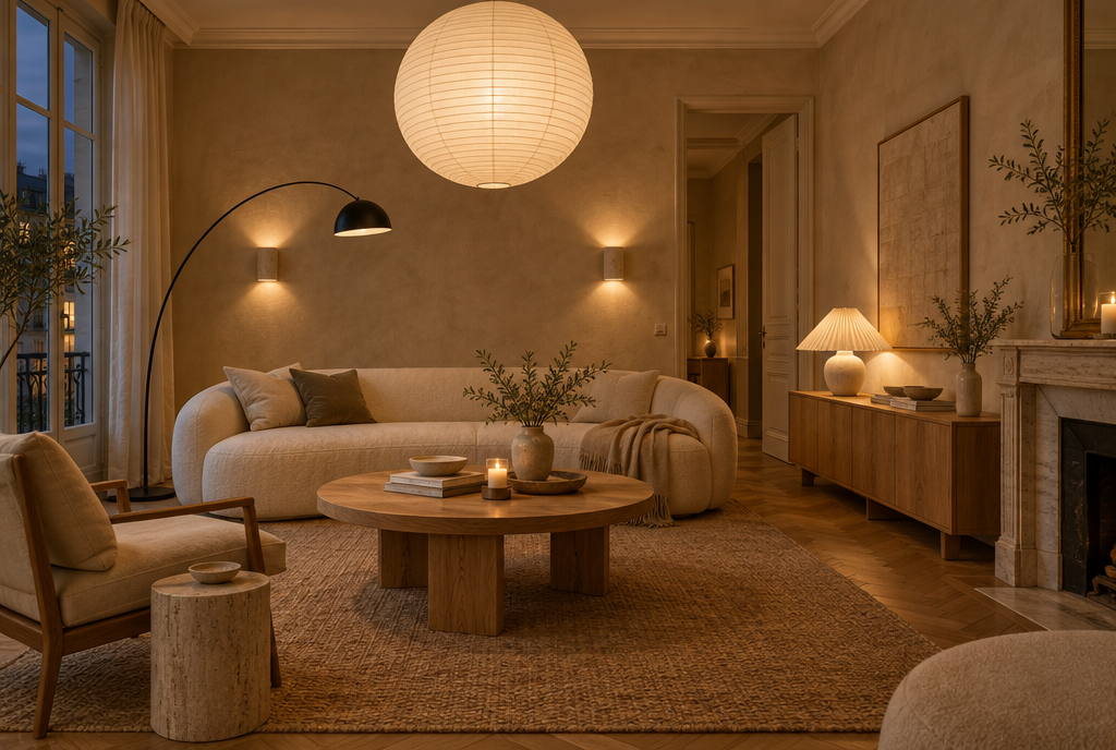 Salon chaleureux le soir : suspension boule en papier, lampadaire arc au-dessus du canapé, appliques et lampe à poser