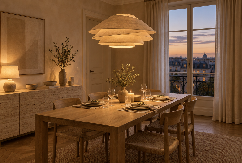 Salle à manger chaleureuse : suspension en tissu au-dessus d'une table en chêne dressée pour le dîner