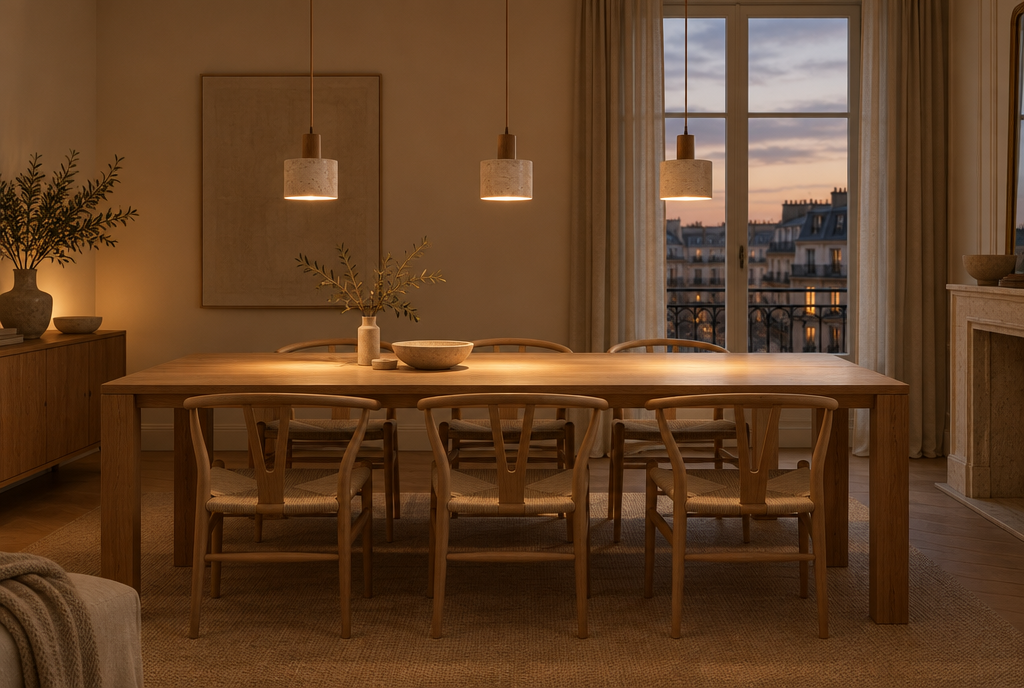 Longue table en chêne éclairée par trois suspensions en travertin et bois alignées