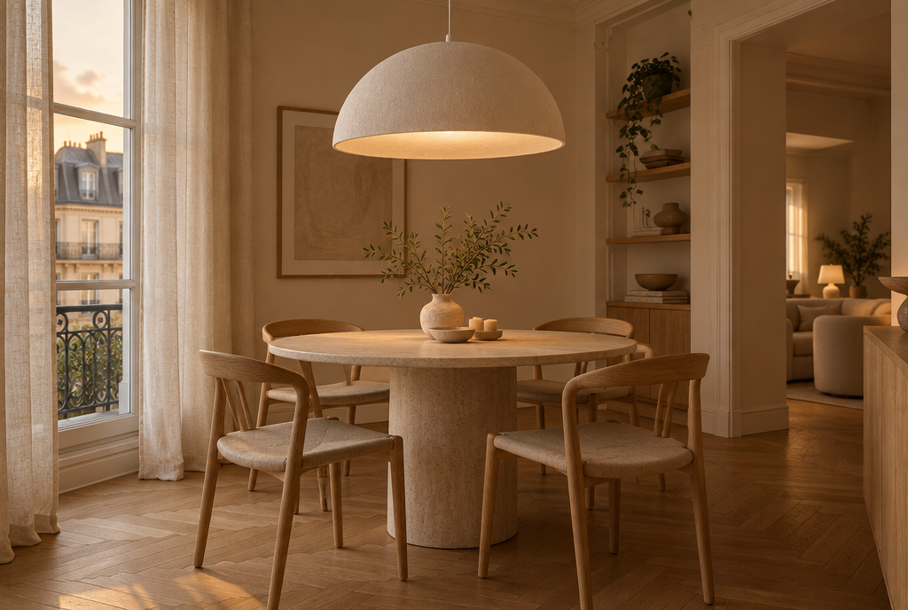 Table ronde en travertin sous une grande suspension dôme effet plâtre