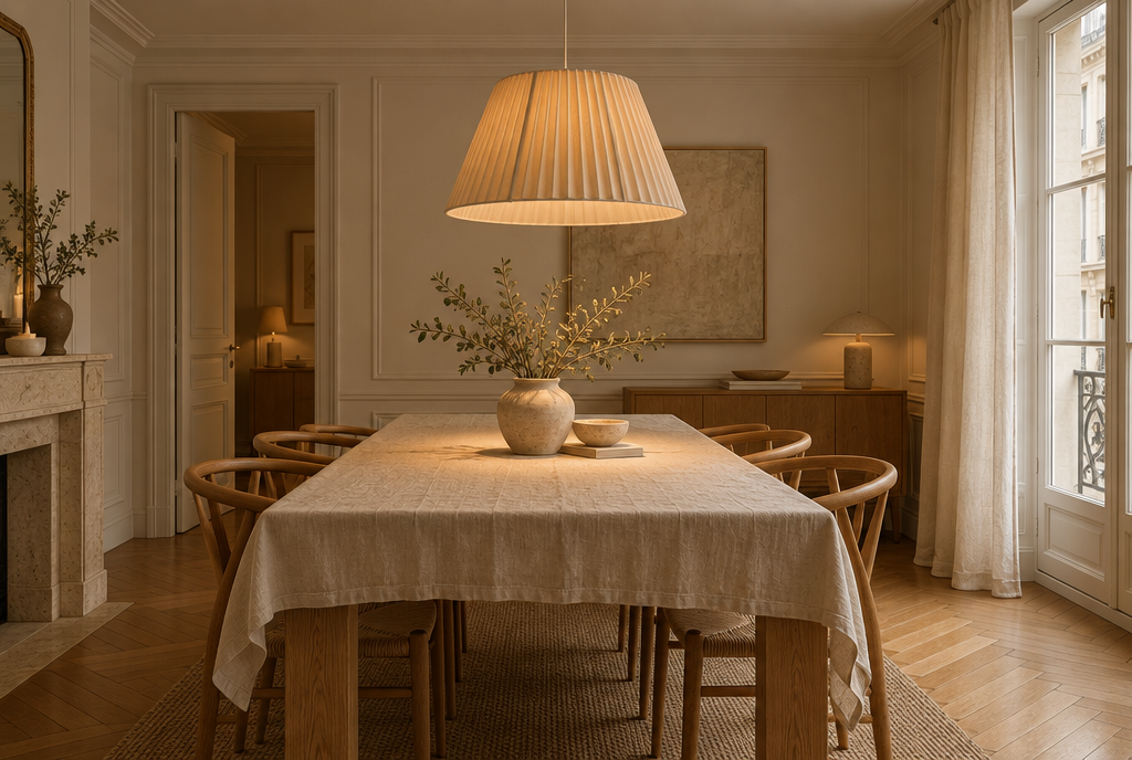 Suspension en tissu plissé bien proportionnée au-dessus d'une table en bois