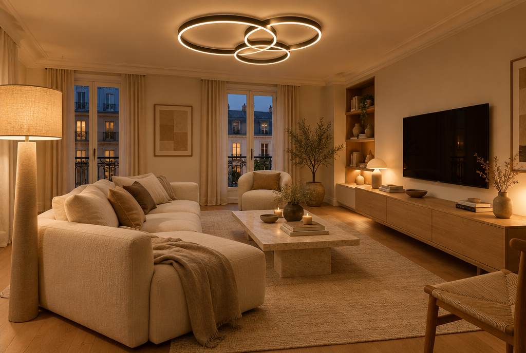 Salon de 20 m² éclairé par un plafonnier LED à anneaux, un lampadaire et une lampe à poser