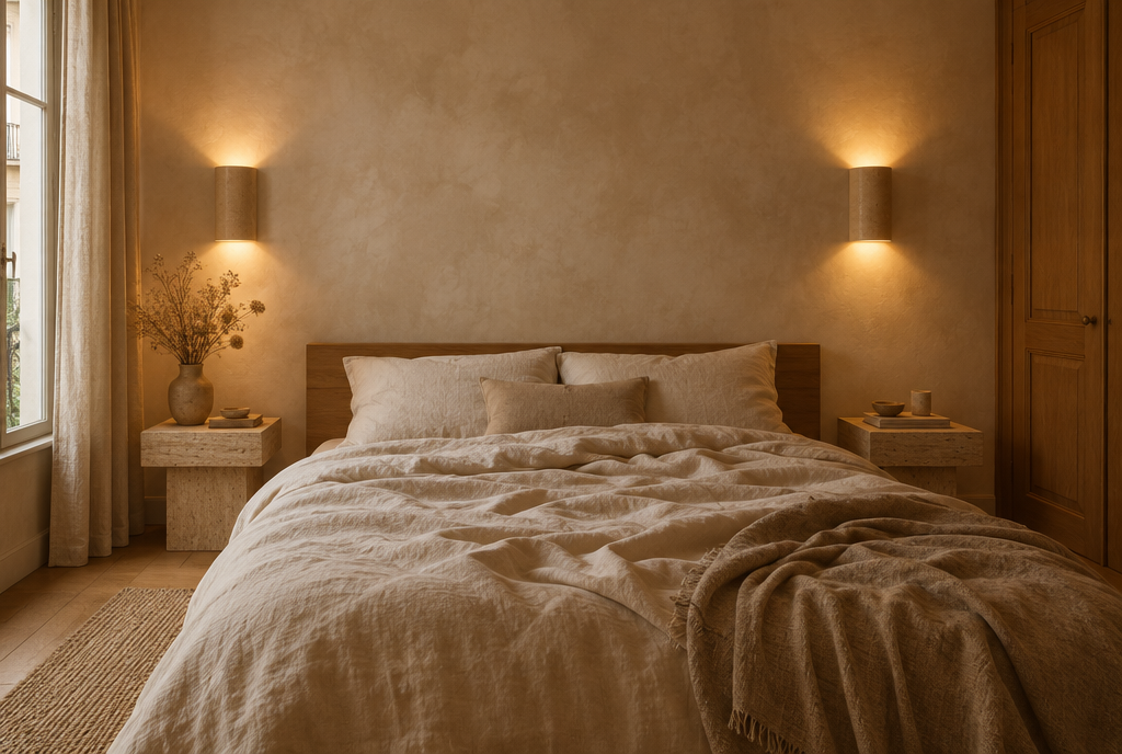 Chambre apaisante avec une paire d'appliques murales à lumière haut et bas au-dessus du lit