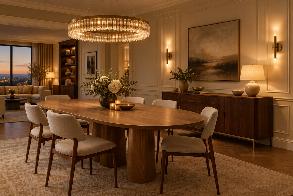 Salle à manger élégante : lustre anneau en cristal, appliques en laiton et lampe sur le buffet