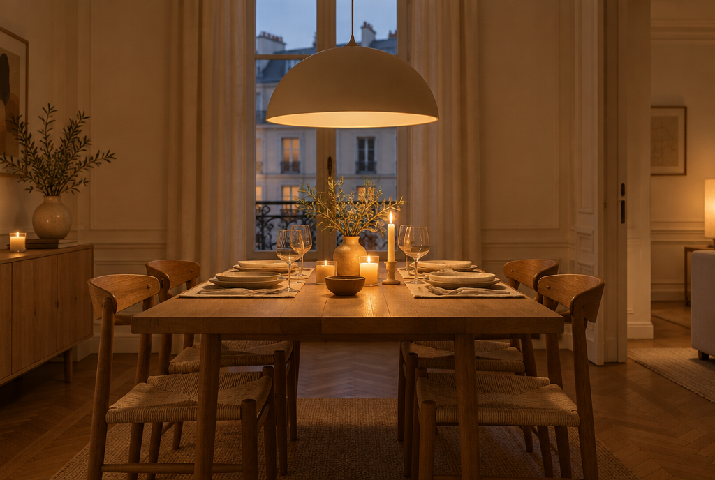 Suspension dôme à environ 75 cm au-dessus d'une table dressée pour le dîner