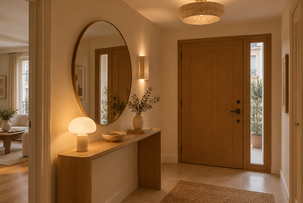 Entrée accueillante : miroir rond, console en chêne, lampe champignon, plafonnier texturé et applique murale