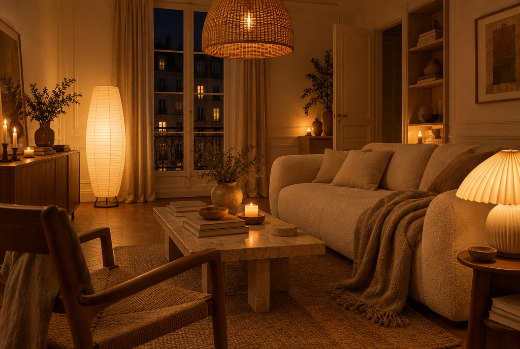 Salon cosy le soir éclairé par un lampadaire en papier, une lampe plissée et une suspension en rotin