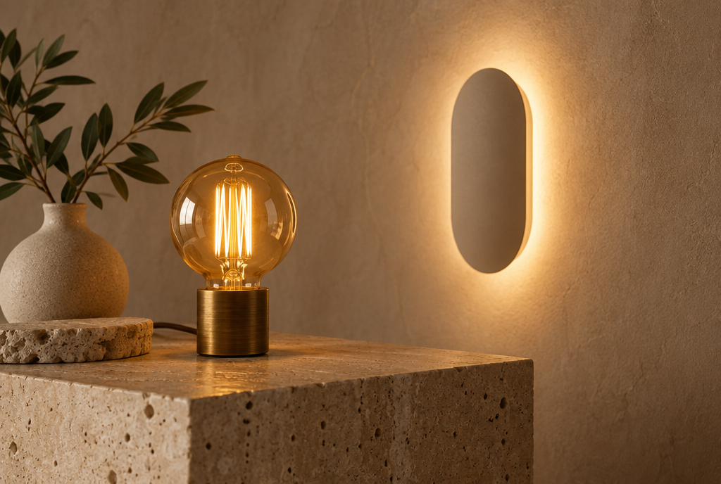 Ampoule à filament ambrée et applique à LED intégrée posées sur un bloc de travertin