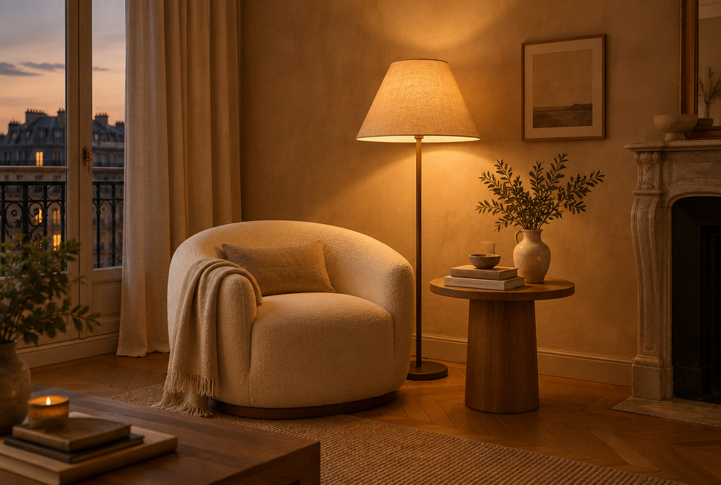 Coin salon avec fauteuil et lampadaire à abat-jour en lin diffusant une lumière très chaude