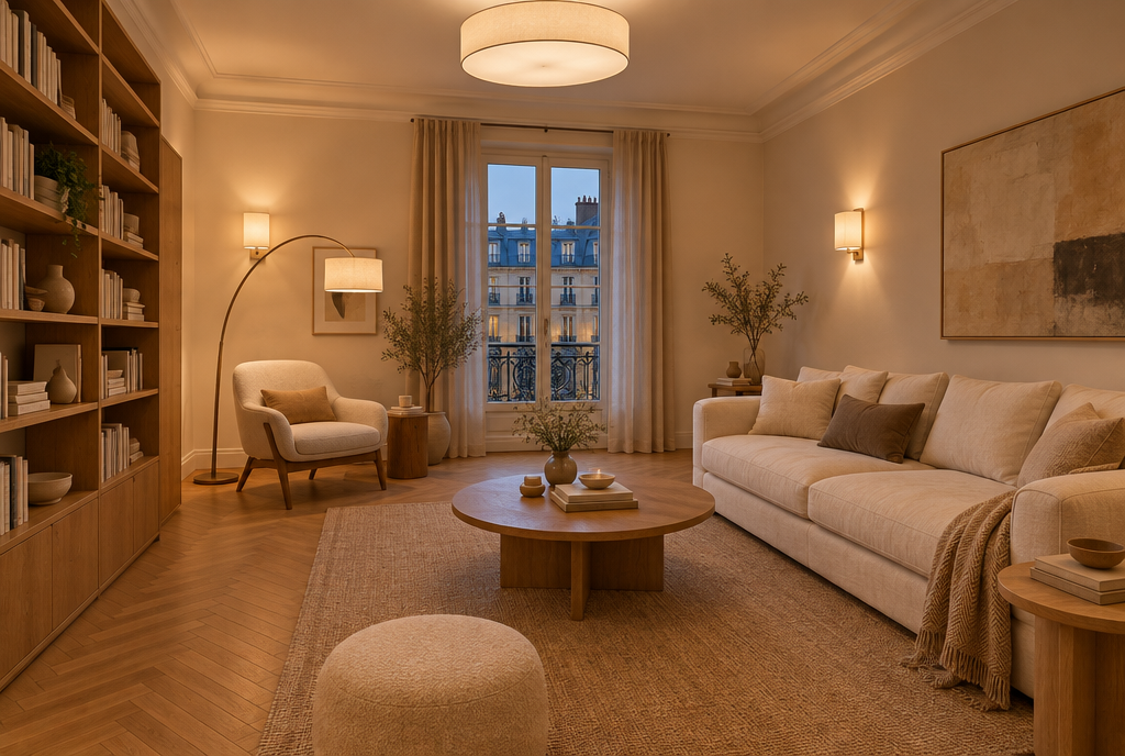 Salon éclairé de façon homogène par un plafonnier, un lampadaire arc et des appliques murales