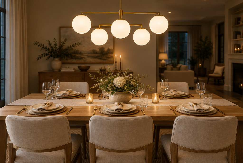 Table dressée pour six sous un lustre à six globes en verre opalin et laiton