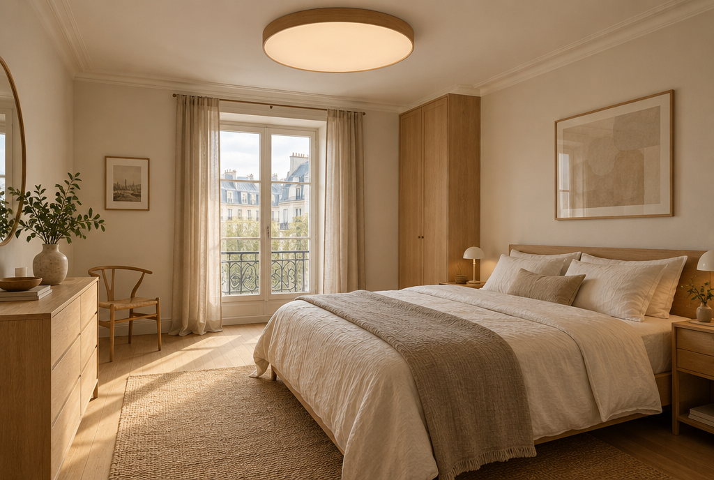 Chambre scandinave avec un large plafonnier plat cerclé de bois