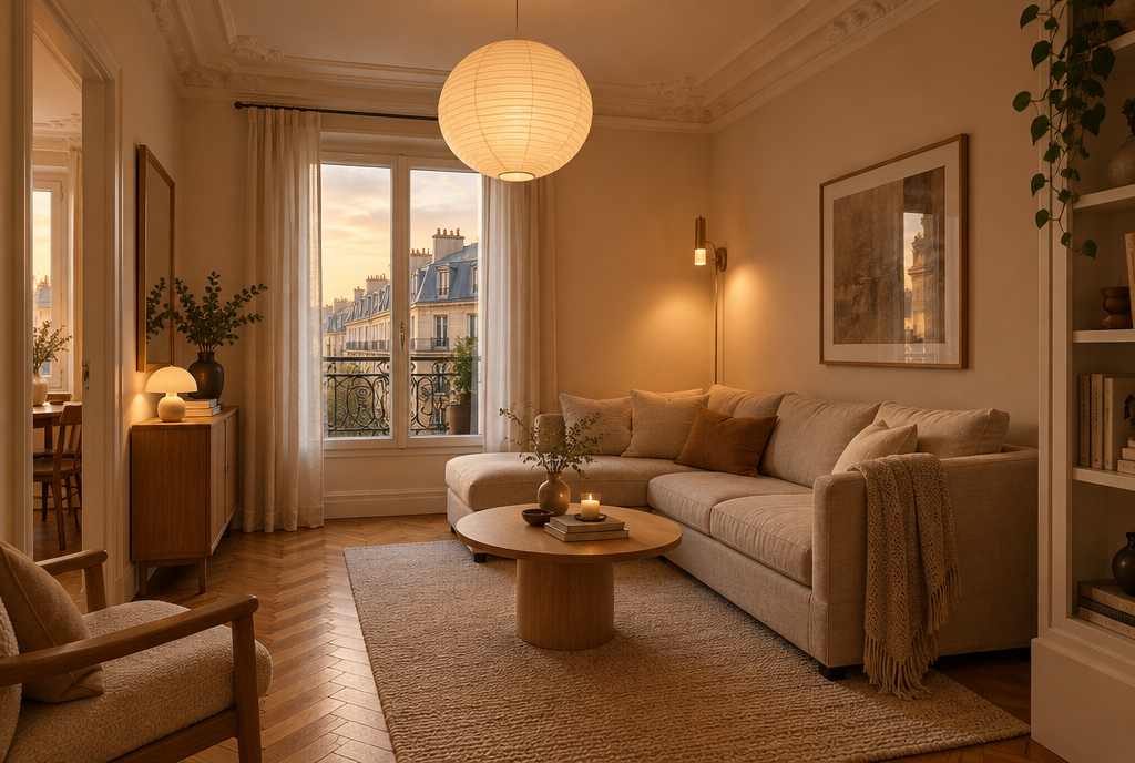 Petit salon parisien avec une suspension boule en papier au-dessus du coin canapé