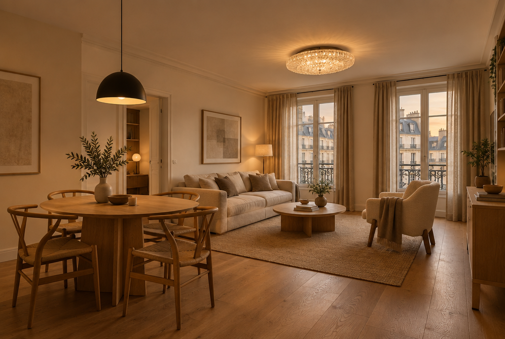 Séjour sous plafond de 2,50 m : suspension dôme au-dessus de la table et plafonnier disque en cristal