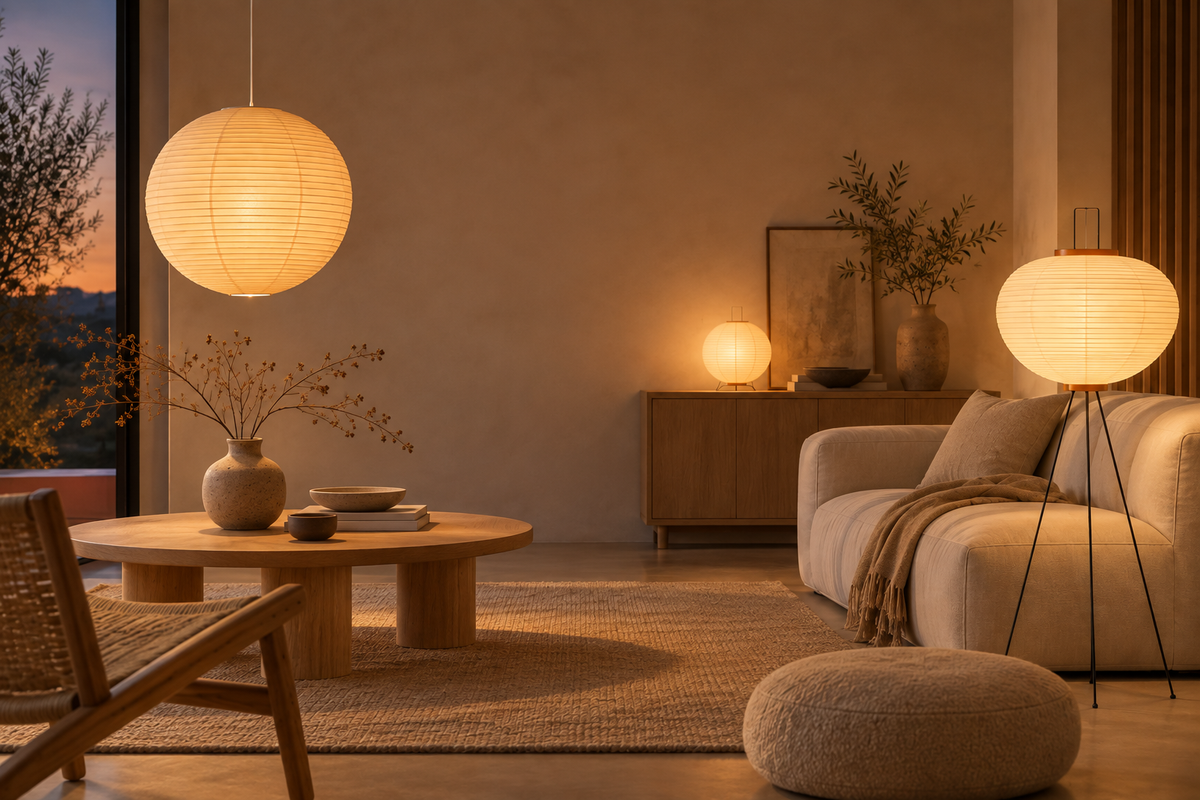 Pendelleuchte, Stehleuchte und Tischleuchte aus Papier der Kollektion KAMIA in einem Japandi-Wohnzimmer in der Abenddämmerung