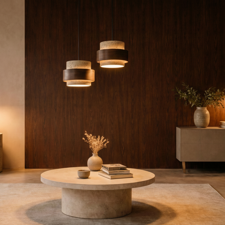 Suspension Cylindre en Travertin & Bois - Travora