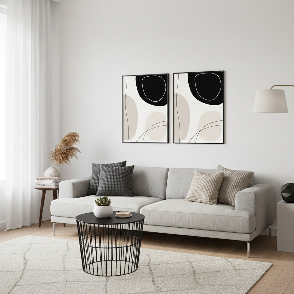 Tableau Abstrait Épure – Formes Organiques Noir & Beige