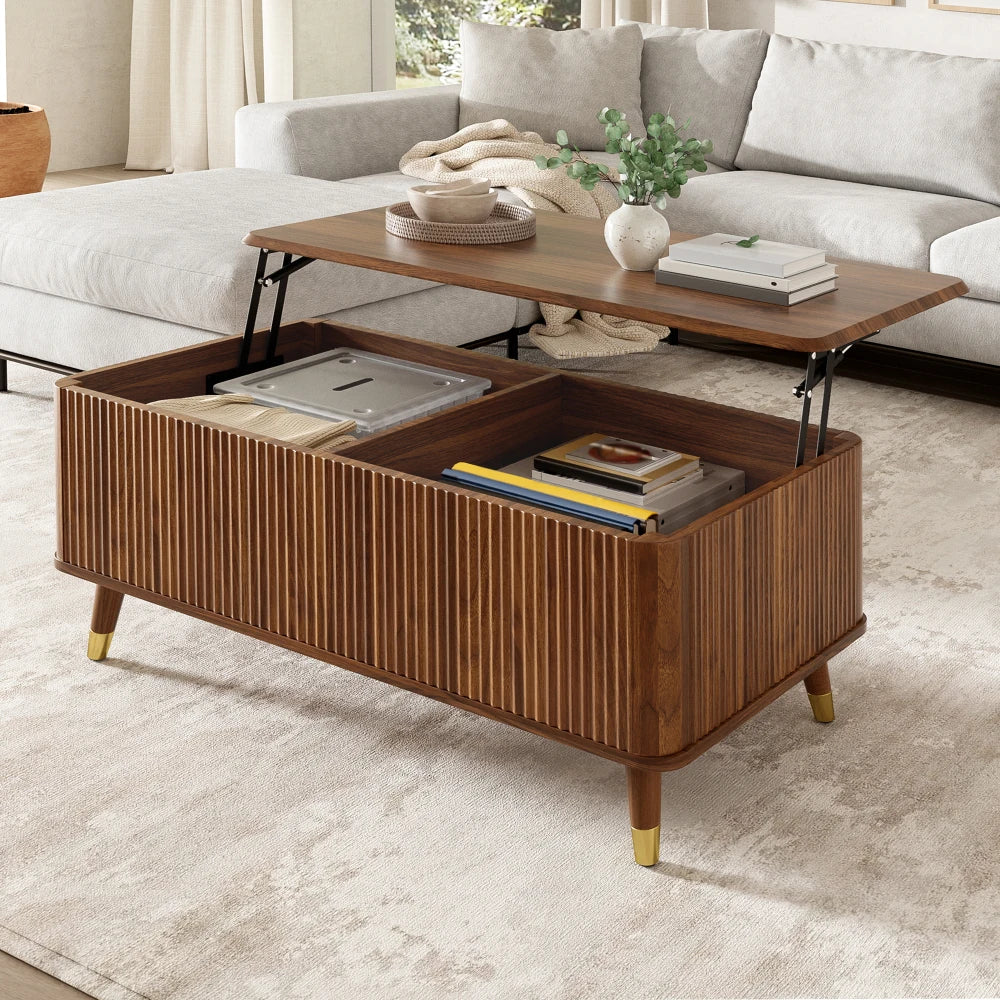 Table Basse Relevable en Bois – Double Rangement et Façades Rainurées