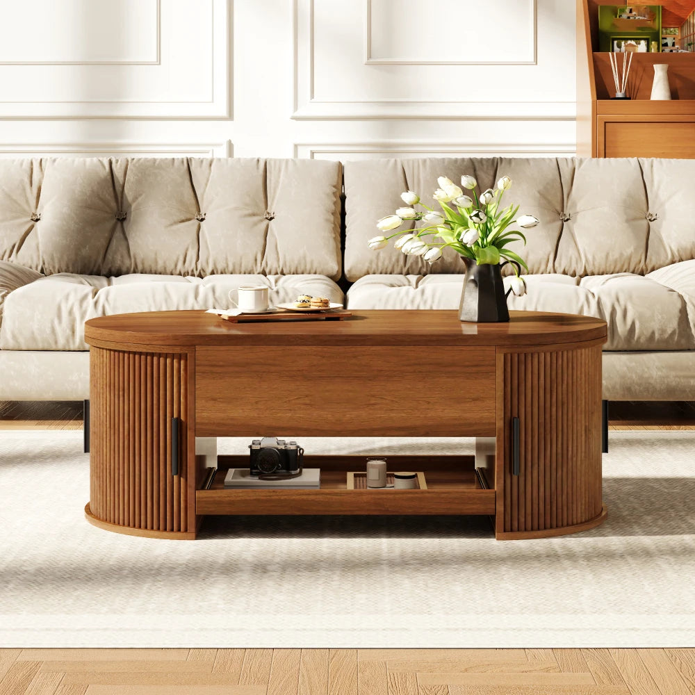 Table Basse Relevable Noyer – Rangement Intégré et Lignes Rainurées