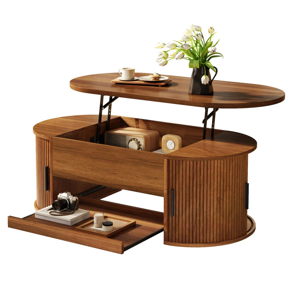 Table Basse Relevable Noyer – Rangement Intégré et Lignes Rainurées