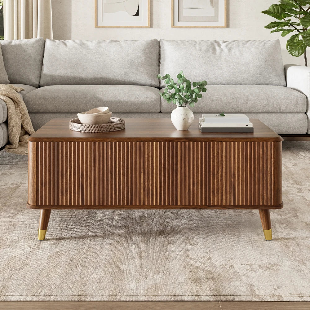 Table Basse Relevable en Bois – Double Rangement et Façades Rainurées