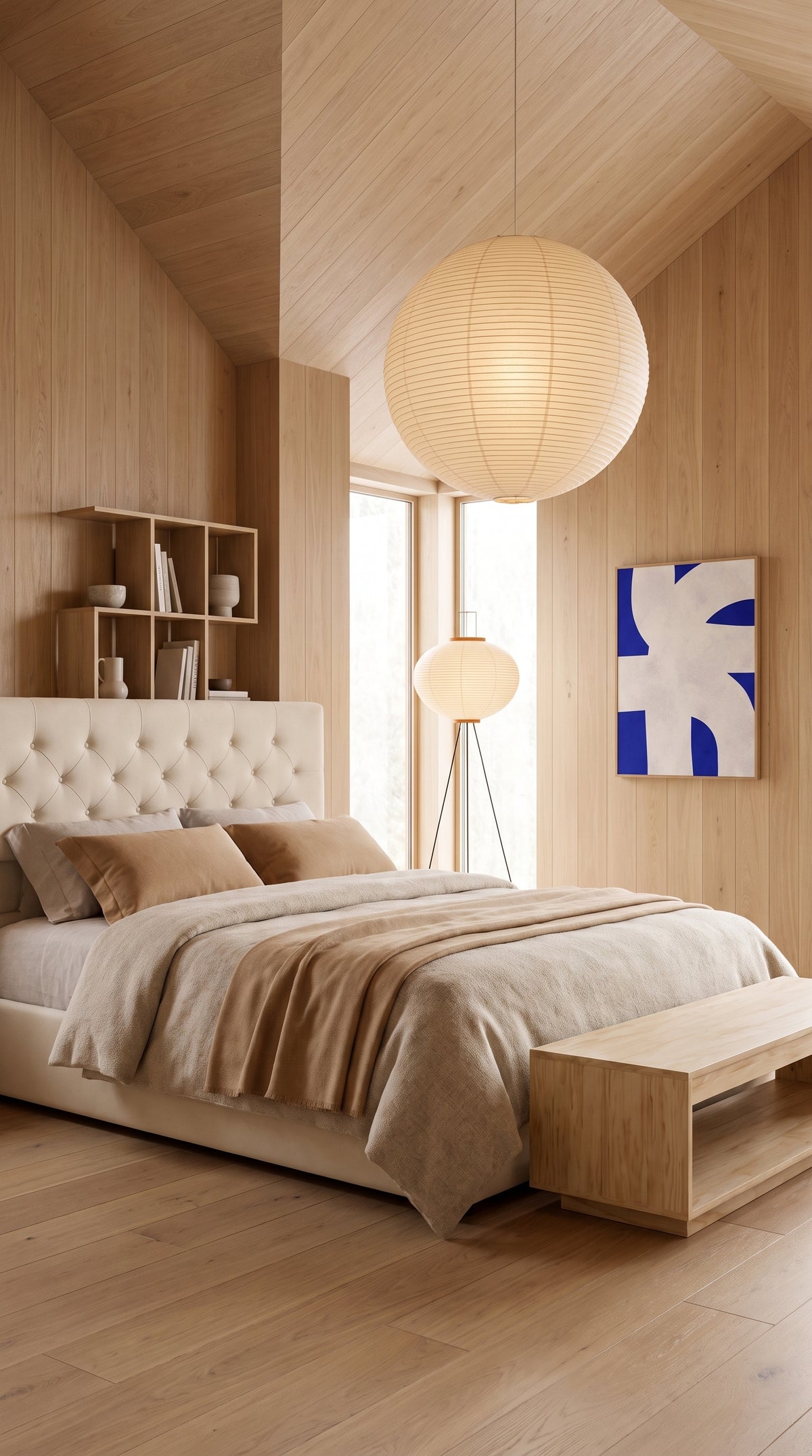 Chambre chalet : lit capitonné beige, suspension boule en papier et murs en bois clair