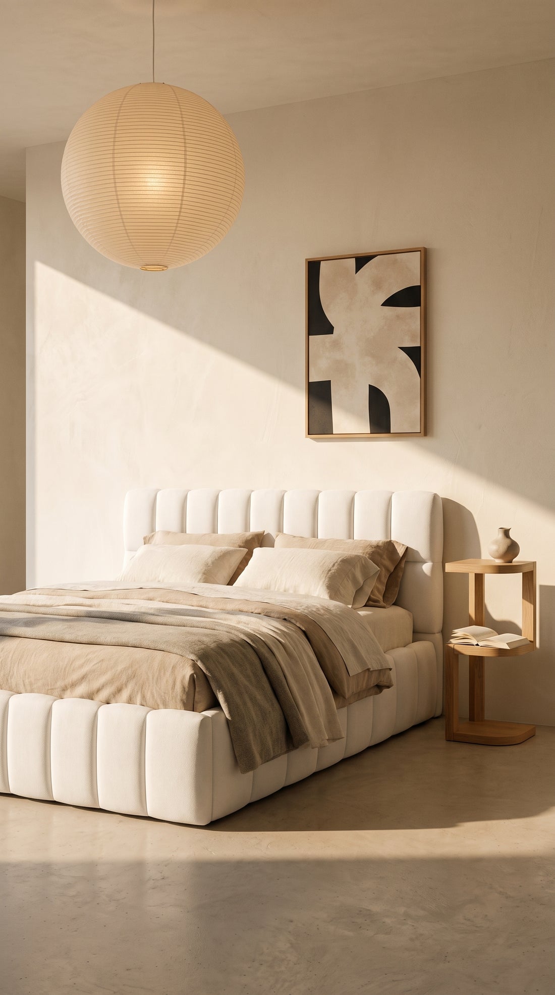 Chambre soleil couchant : lit à boudins blanc, grande suspension en papier et tableau noir et beige