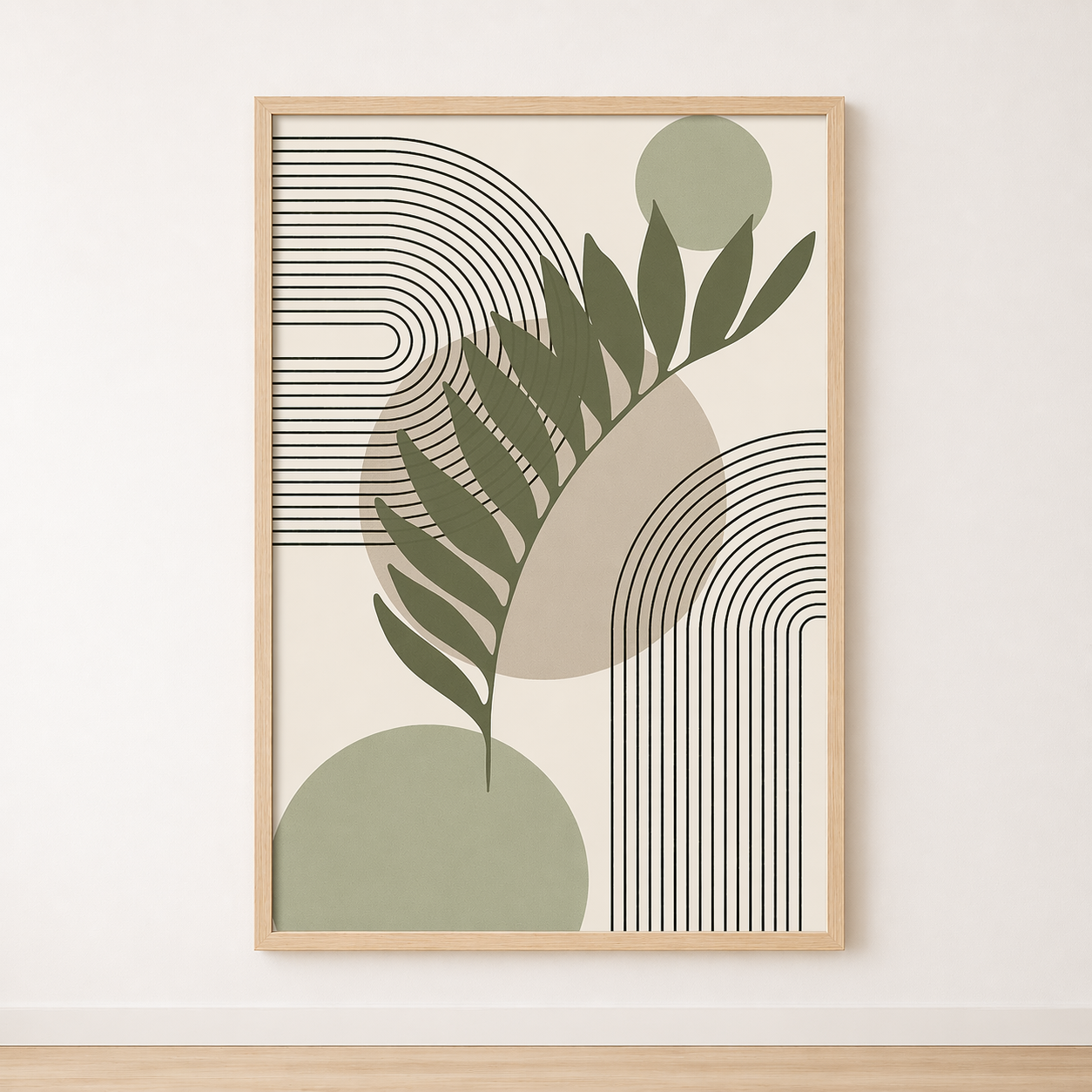 Tableau Feuillage Sauge et Lignes Graphiques – Élégance Naturelle et Contemporaine