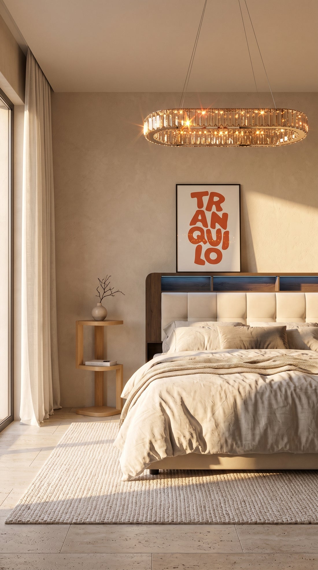 Chambre Tranquilo : lit à tête de lit LED, lustre ovale en cristal et affiche typographique orange