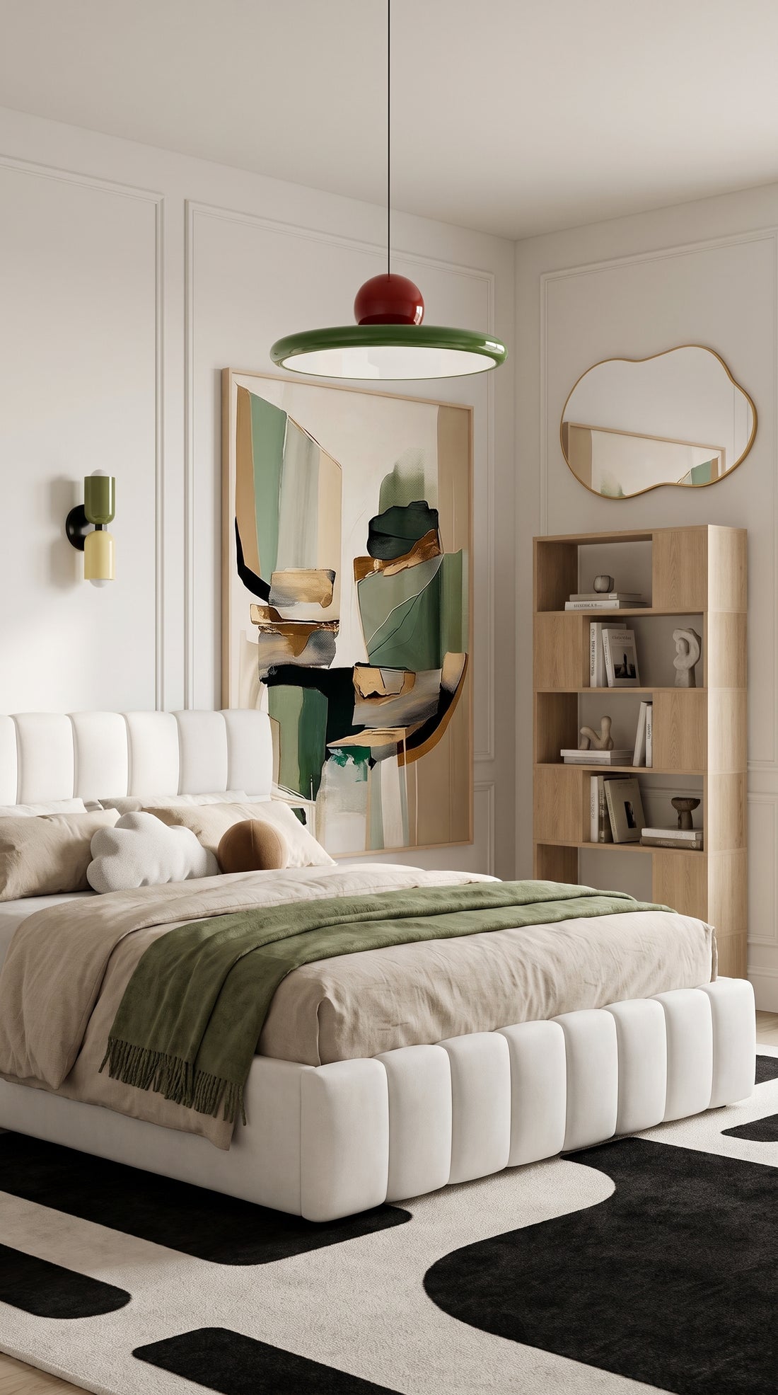 Chambre vert sauge : lit à boudins blanc, suspension verte et rouge, miroir nuage doré et tapis graphique