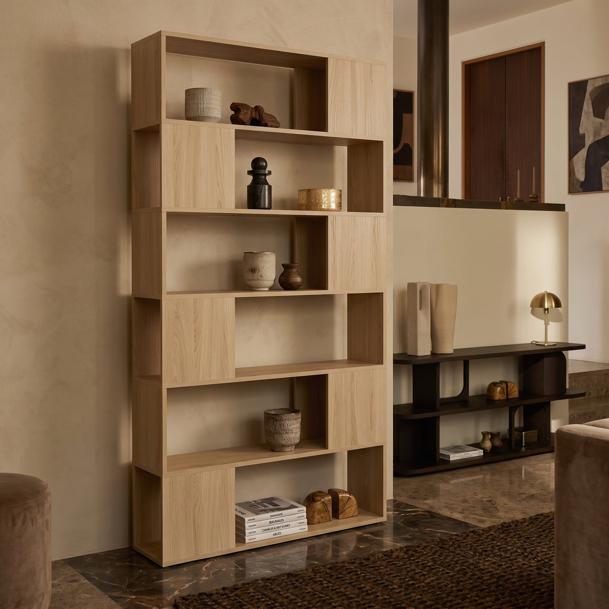 Étagère Séparateur de Pièce Effet Chêne – 6 Compartiments Ouverts