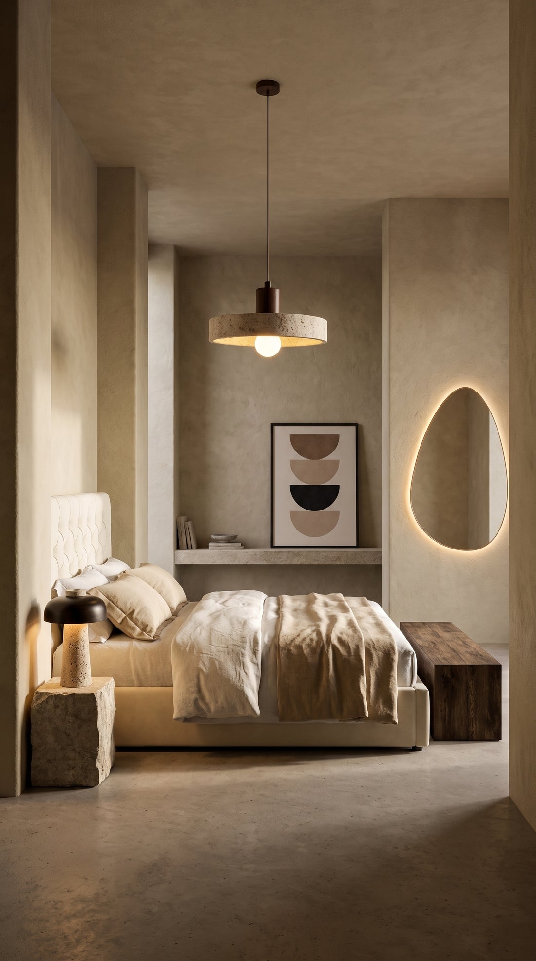 Chambre minérale : suspension en travertin, lampe en pierre et miroir LED goutte