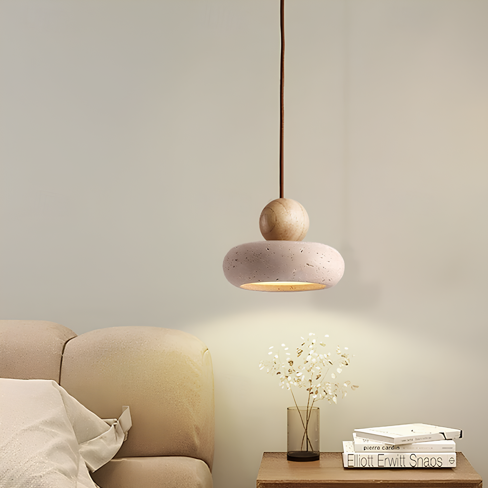 STINARIO - Travertine and Wood Pendant Light – Minimalist Elegance