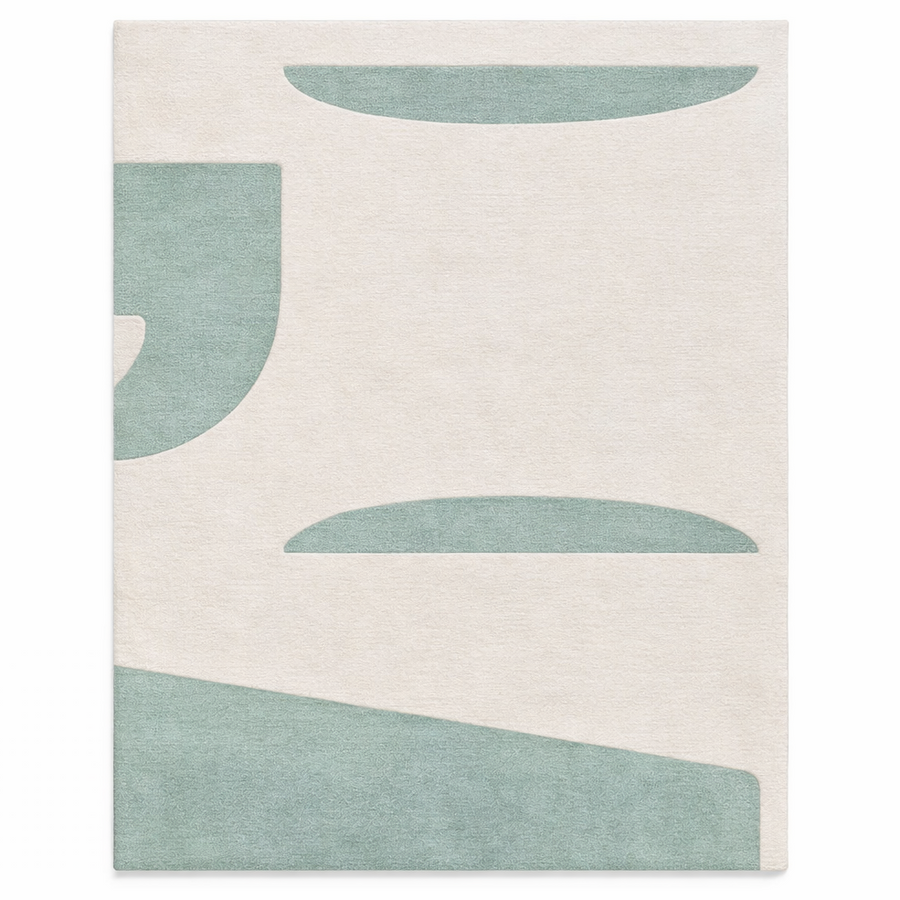 Geometrischer Teppich in Aqua und Ecru – Soreva