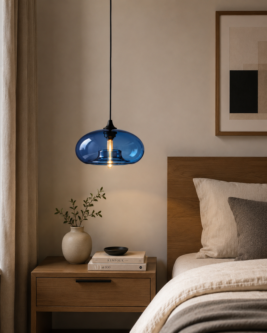 Suspension Ovéa en verre bleu au-dessus d'un chevet dans une chambre