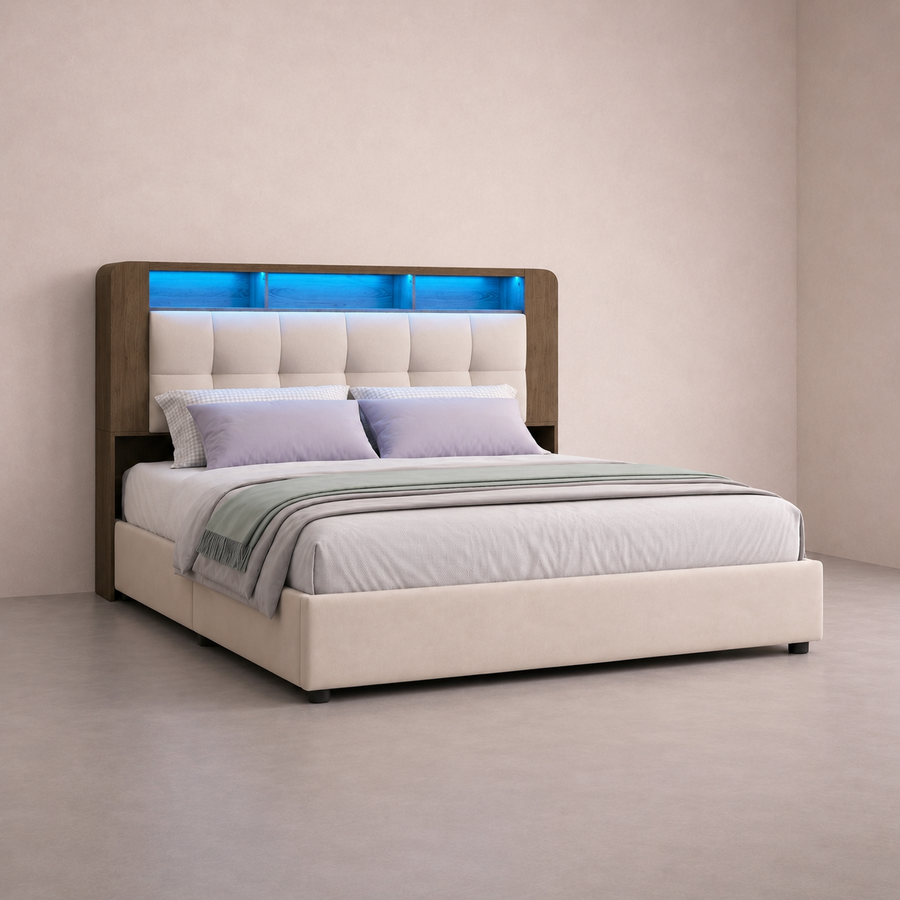 Bett 140x200 cm für Erwachsene in Beige mit LED-Kopfteil und Stauraum – Azurélia