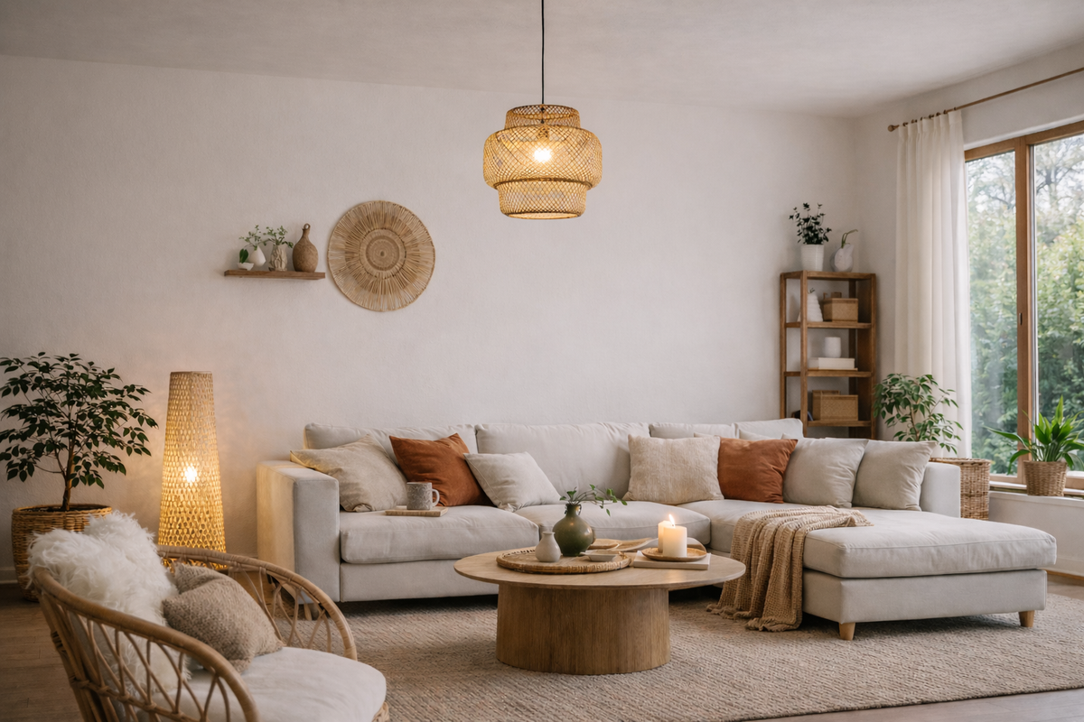 Lámpara colgante y lámpara de pie de ratán trenzado de la colección NATURA en un salón bohemio luminoso