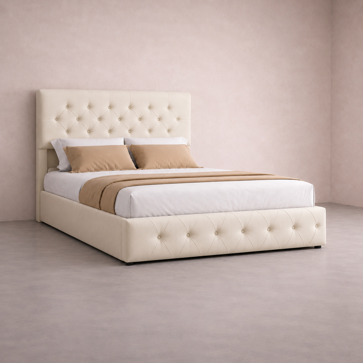 Lit 140x200cm adulte capitonné beige – Ivorélia