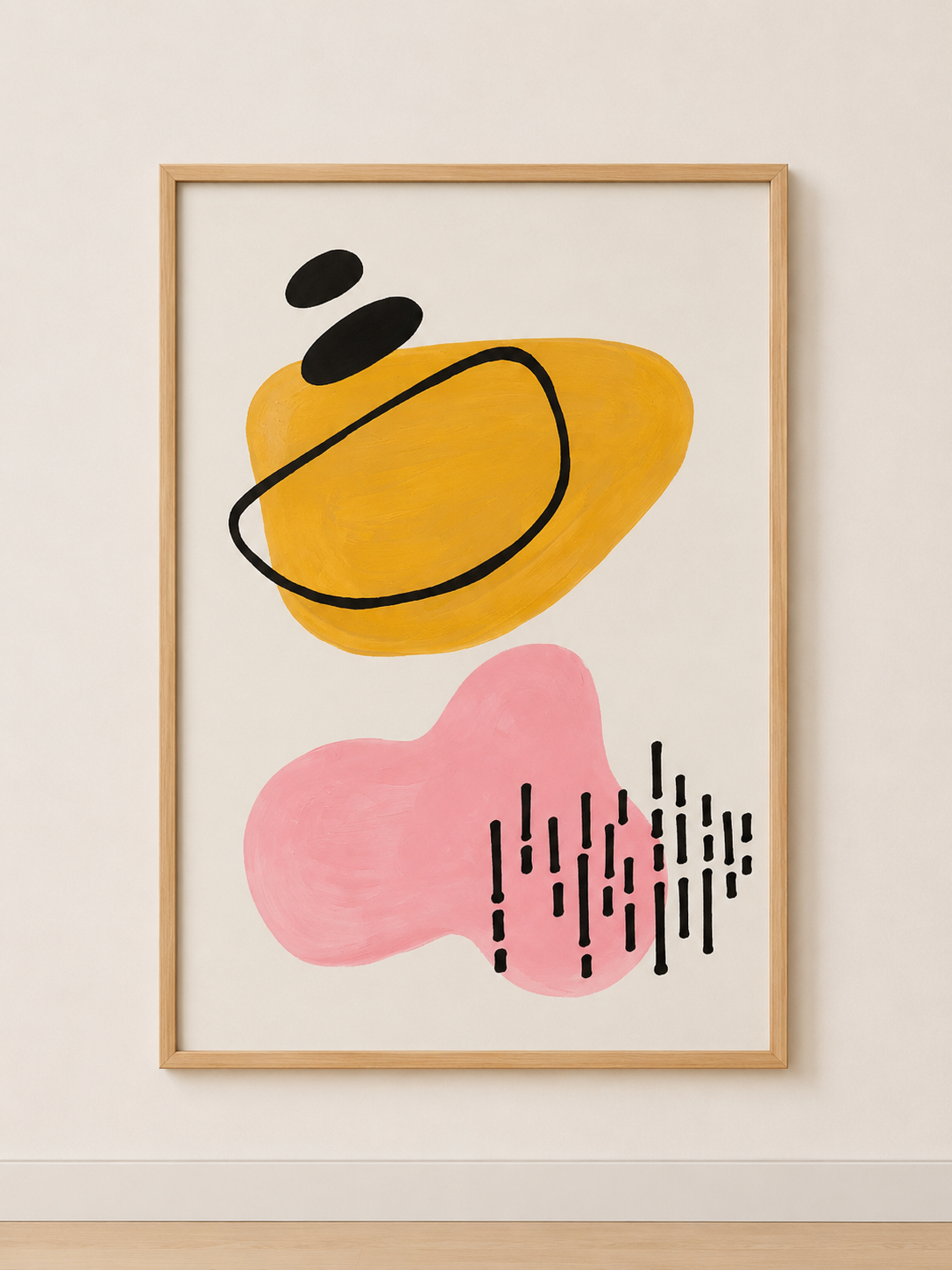 Tableau Abstrait Jaune, Rose et Noir – Douceur Graphique et Contraste Élégant