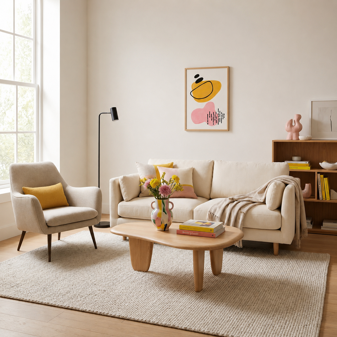 Tableau abstrait jaune et rose accroché dans un salon