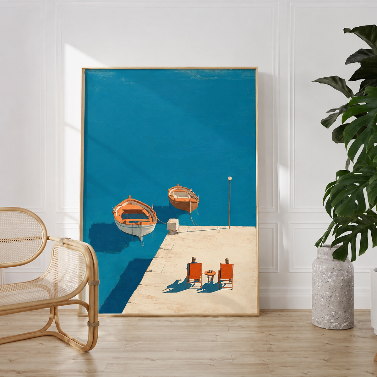 Tableau Méditerranéen Orange et Bleu – Architecture Côtière Estivale