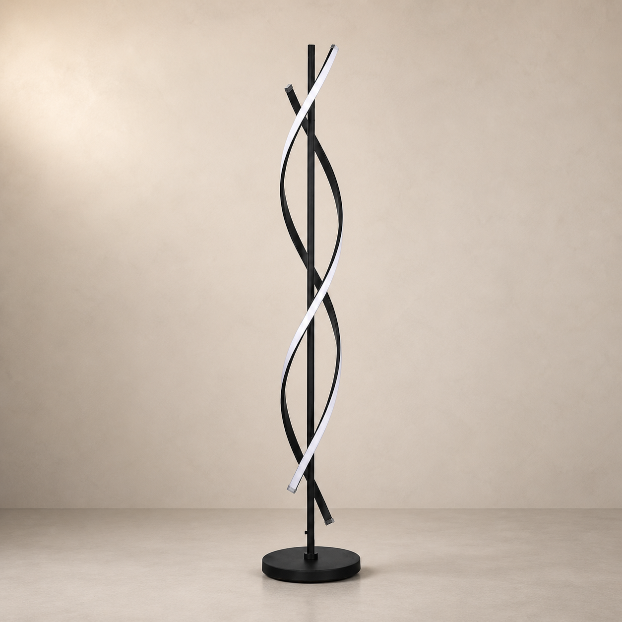 Lampadaire LED Design en Métal Noir avec Bandes Lumineuses Entrelacées – Ondiro