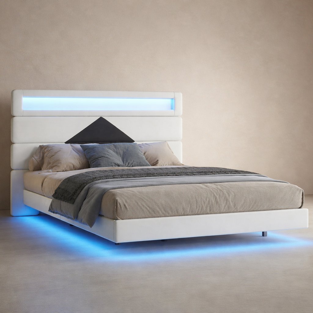 Lit LED rembourré 140x190cm design capitonné blanc – Néolys