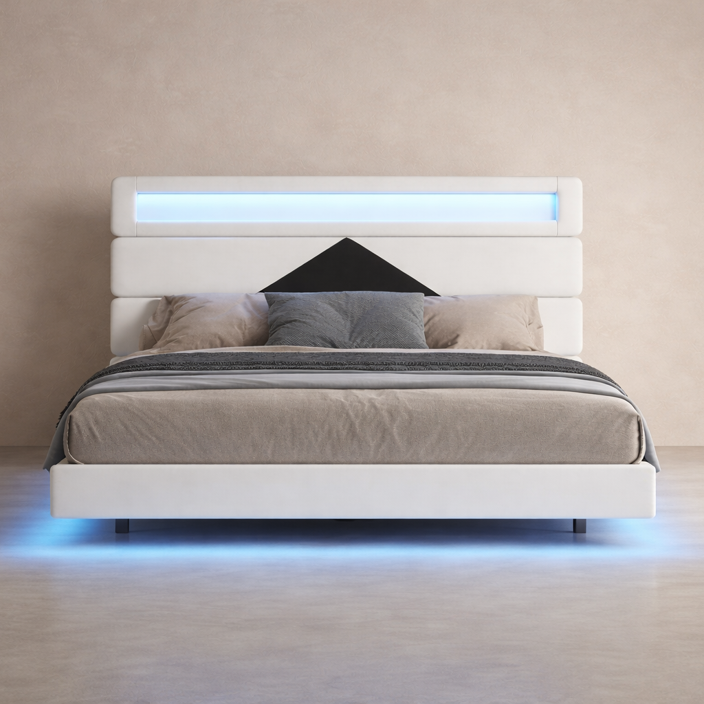 Lit LED rembourré 140x190cm design capitonné blanc – Néolys