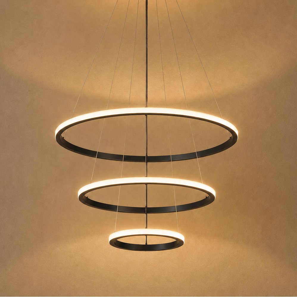 Lustre Élyron noir allumé, trois anneaux étagés