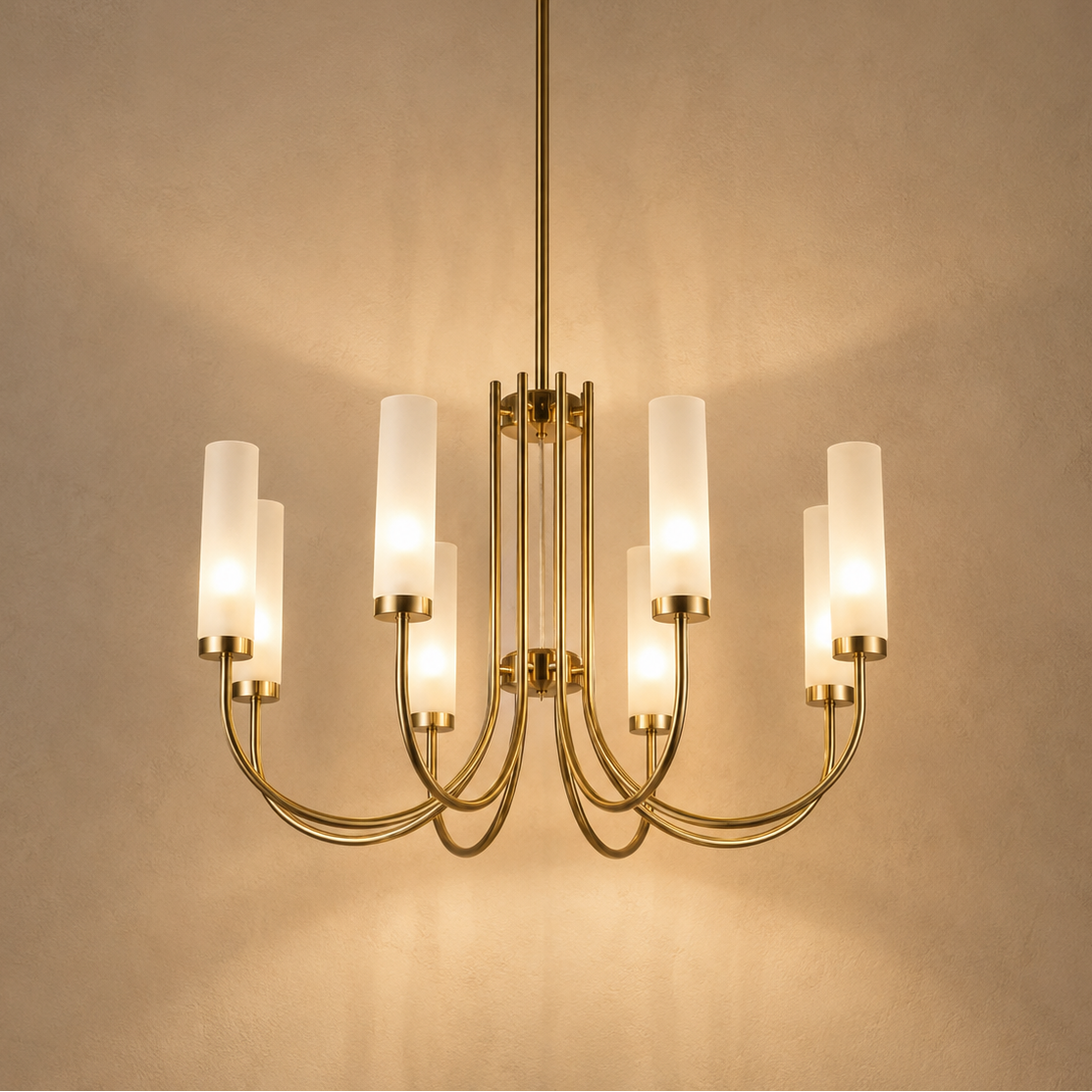 Lustre Lucerna doré, bras courbés et tubes en verre dépoli