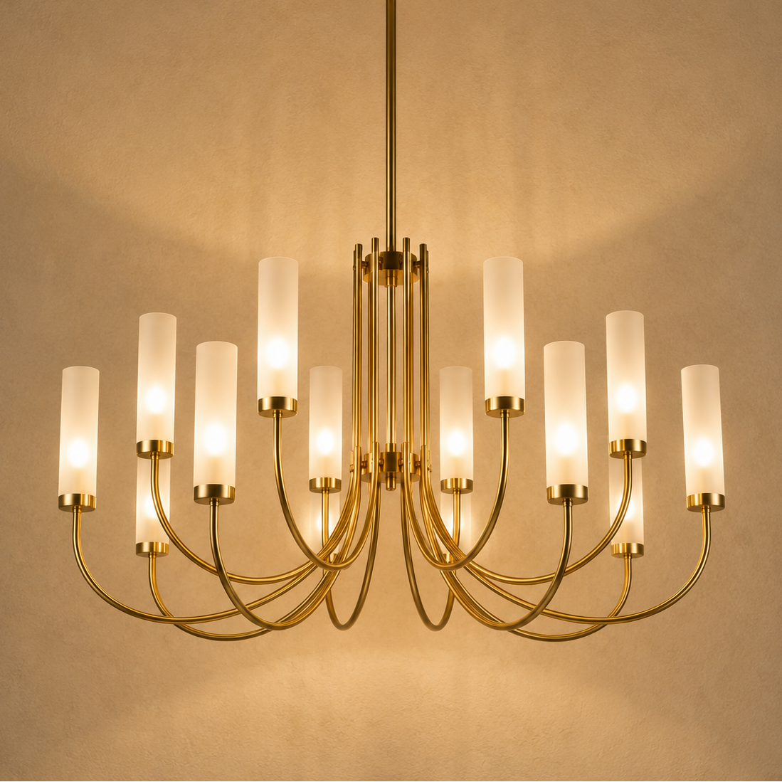 Lustre Lucerna allumé, tubes en verre dépoli sur bras dorés