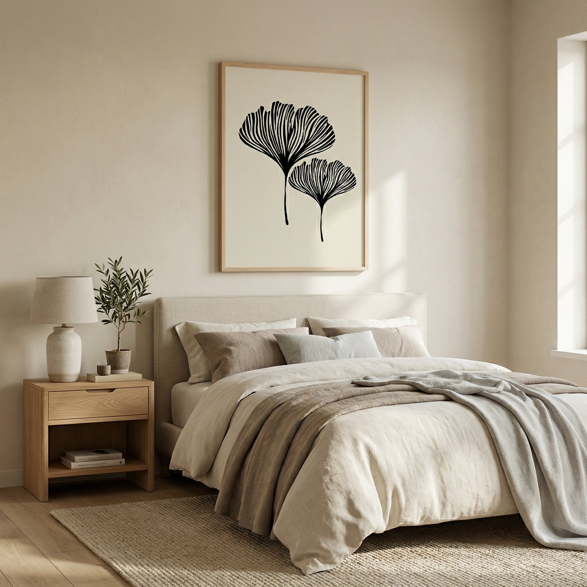 Tableau Botanique Noir et Beige – Élégance Minimaliste Naturelle